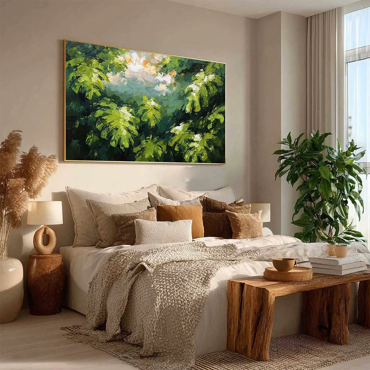 VERDANT SANCTUARY: Textured Impasto Painting of Sun-Kissed Jungle Leaves | green palette, original oil on stretched canvas art