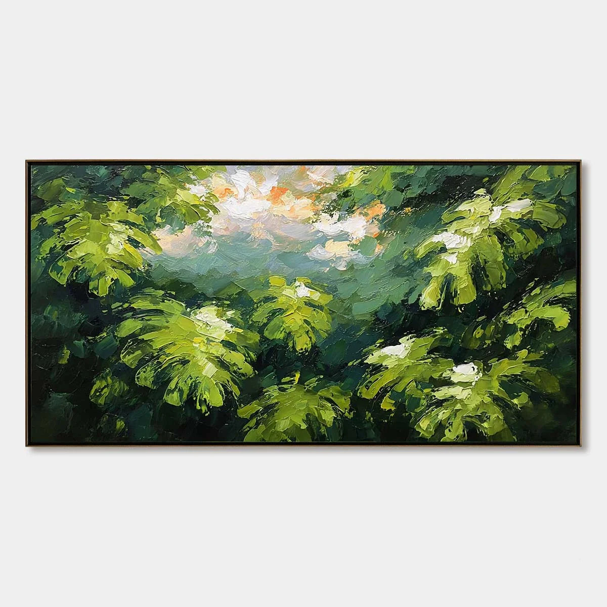 VERDANT SANCTUARY: Textured Impasto Painting of Sun-Kissed Jungle Leaves | hanging in living room, Abstract wall art