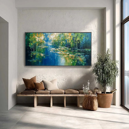 VERDANT SANCTUARY: Textured Palette Knife Forest Pond Landscape Painting | Landscape closeup, raised brushwork detail