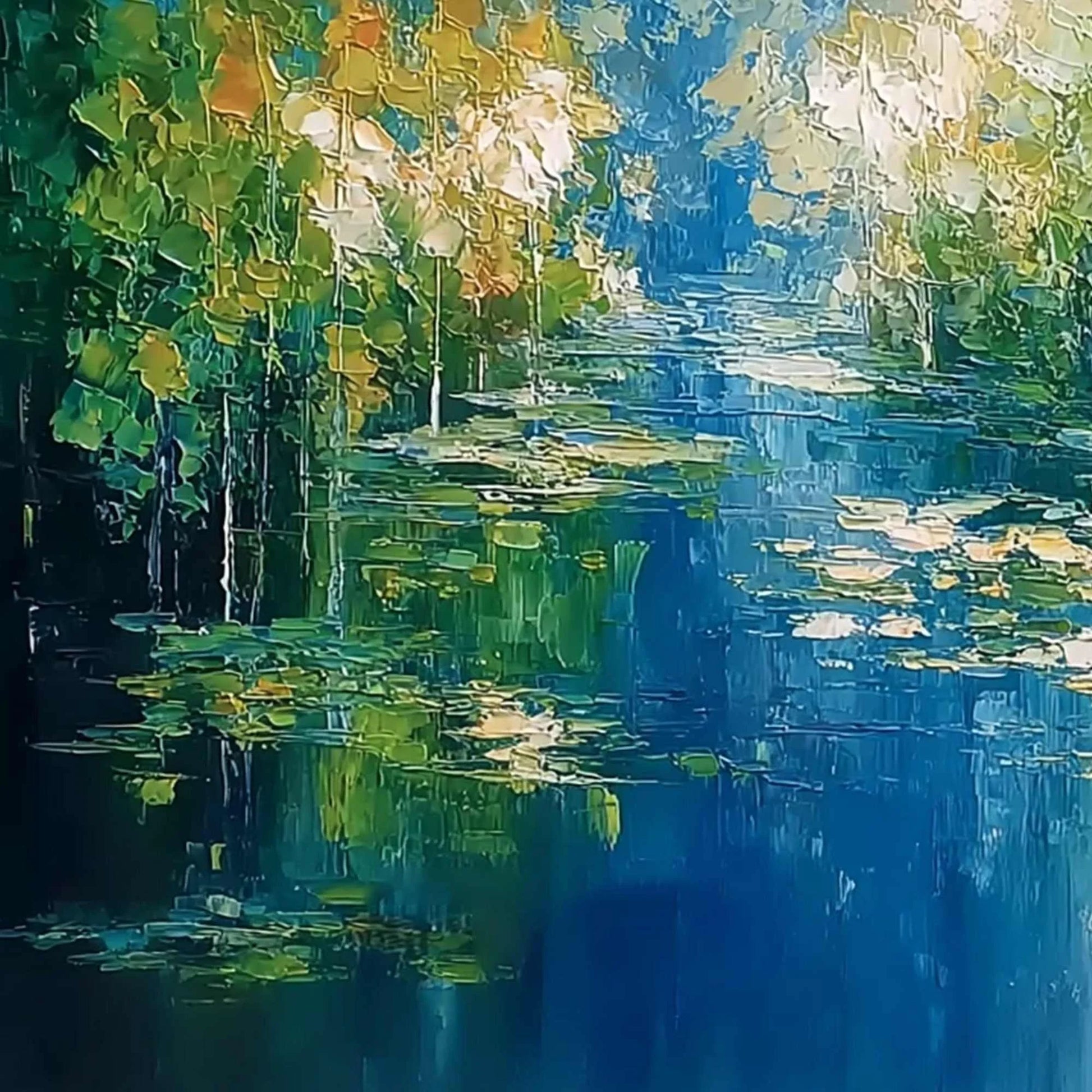 VERDANT SANCTUARY: Textured Palette Knife Forest Pond Landscape Painting | rectangular format, hand-painted canvas edge