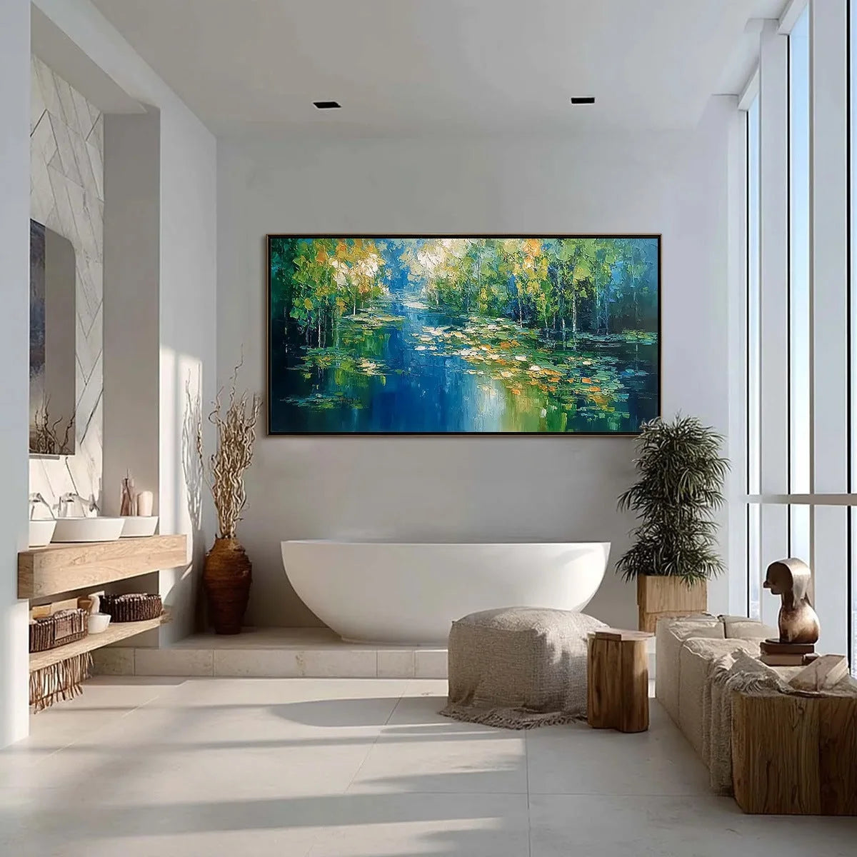 VERDANT SANCTUARY: Textured Palette Knife Forest Pond Landscape Painting | gold frame stretched on neutral wall