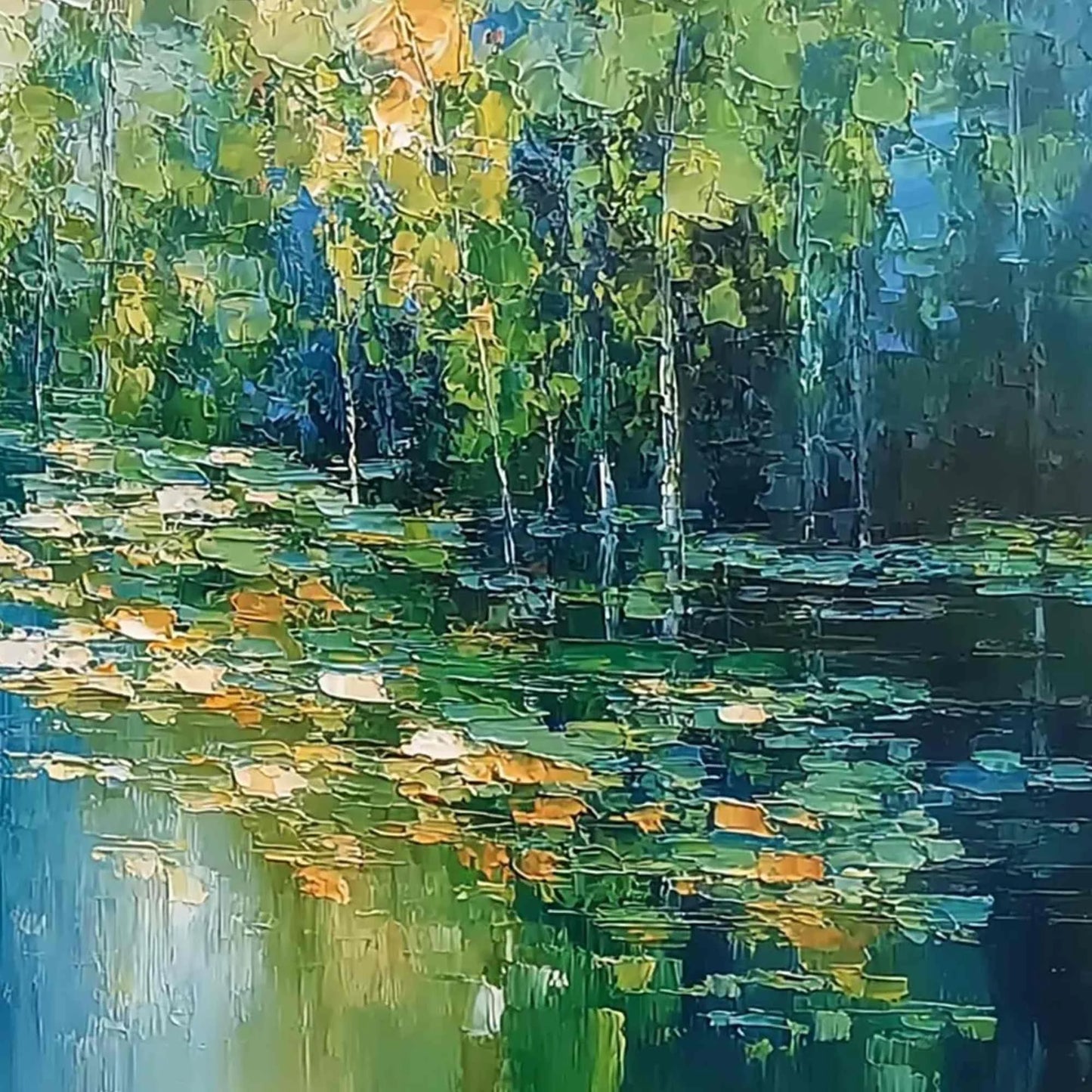 VERDANT SANCTUARY: Textured Palette Knife Forest Pond Landscape Painting | rolled canvas, ready for custom framing