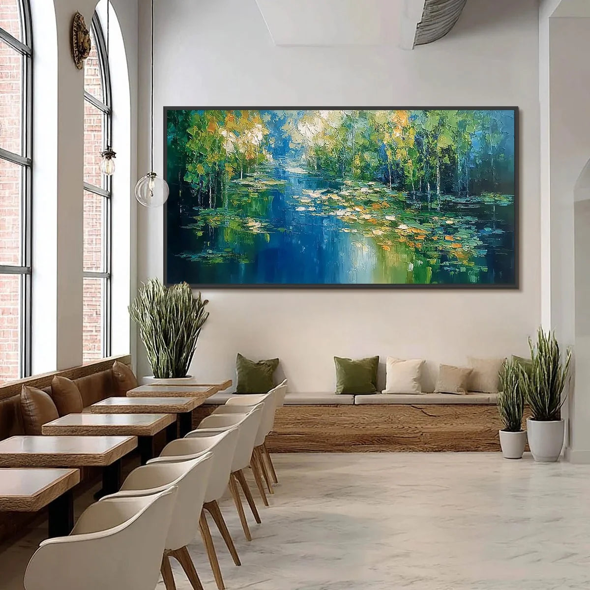 VERDANT SANCTUARY: Textured Palette Knife Forest Pond Landscape Painting | black frame version on white wall