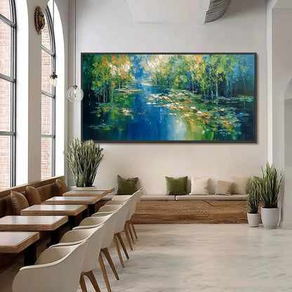 VERDANT SANCTUARY: Textured Palette Knife Forest Pond Landscape Painting | black frame version on white wall