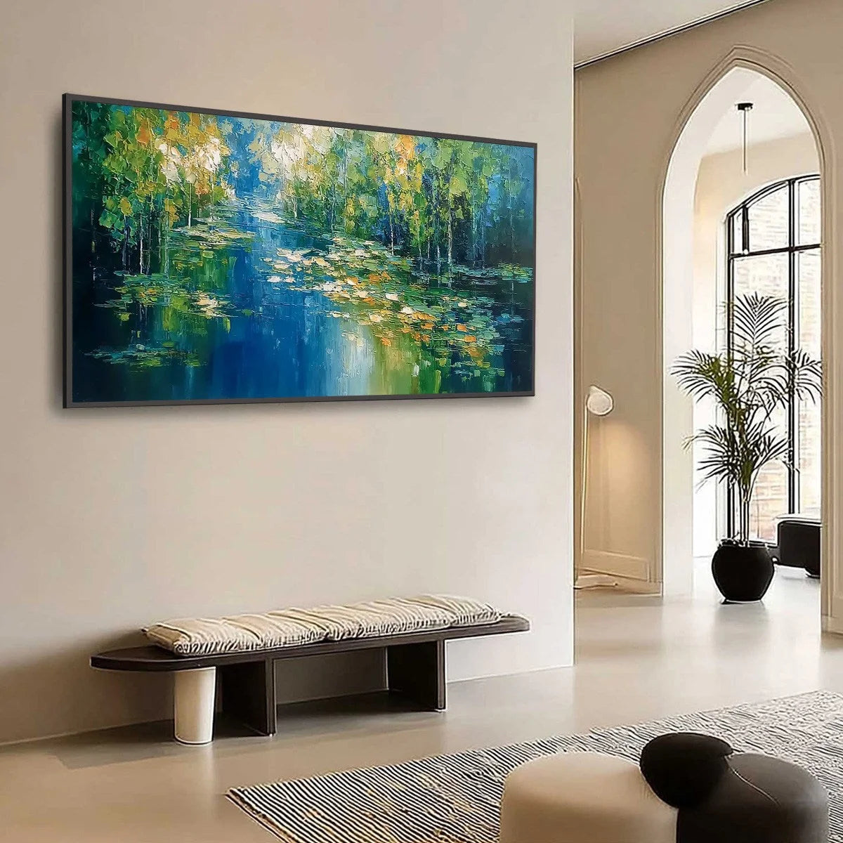 VERDANT SANCTUARY: Textured Palette Knife Forest Pond Landscape Painting | Landscape mood, soft natural light studio shot