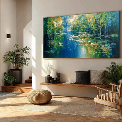 VERDANT SANCTUARY: Textured Palette Knife Forest Pond Landscape Painting | green palette, original oil on stretched canvas art