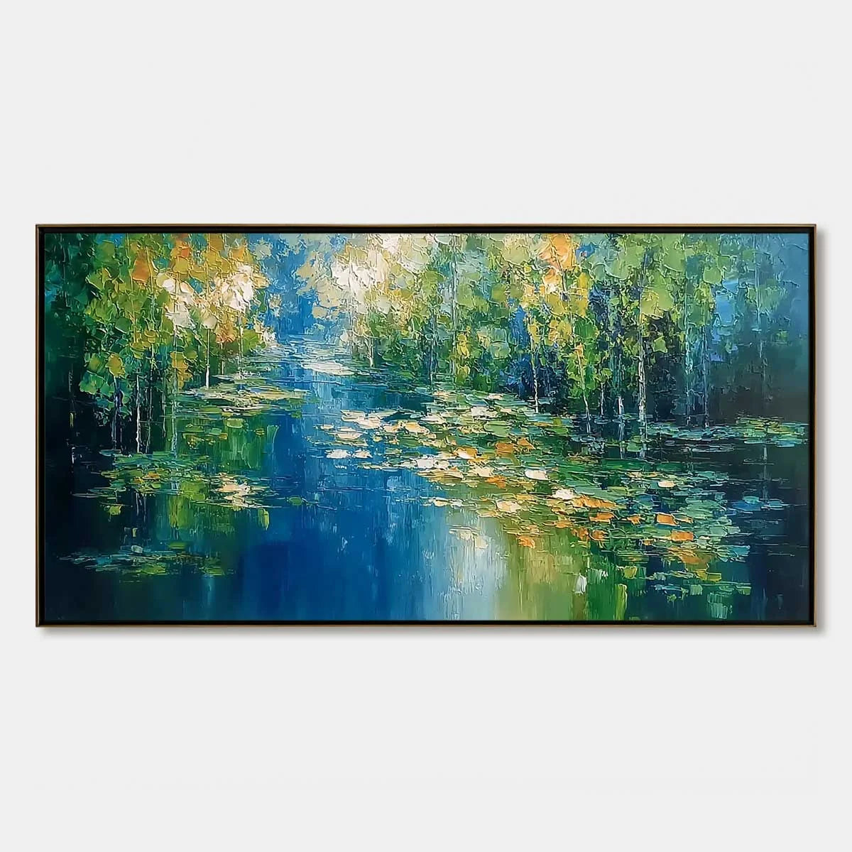 VERDANT SANCTUARY: Textured Palette Knife Forest Pond Landscape Painting | hanging in living room, Landscape wall art