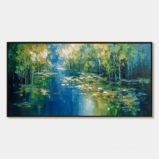 VERDANT SANCTUARY: Textured Palette Knife Forest Pond Landscape Painting | hanging in living room, Landscape wall art