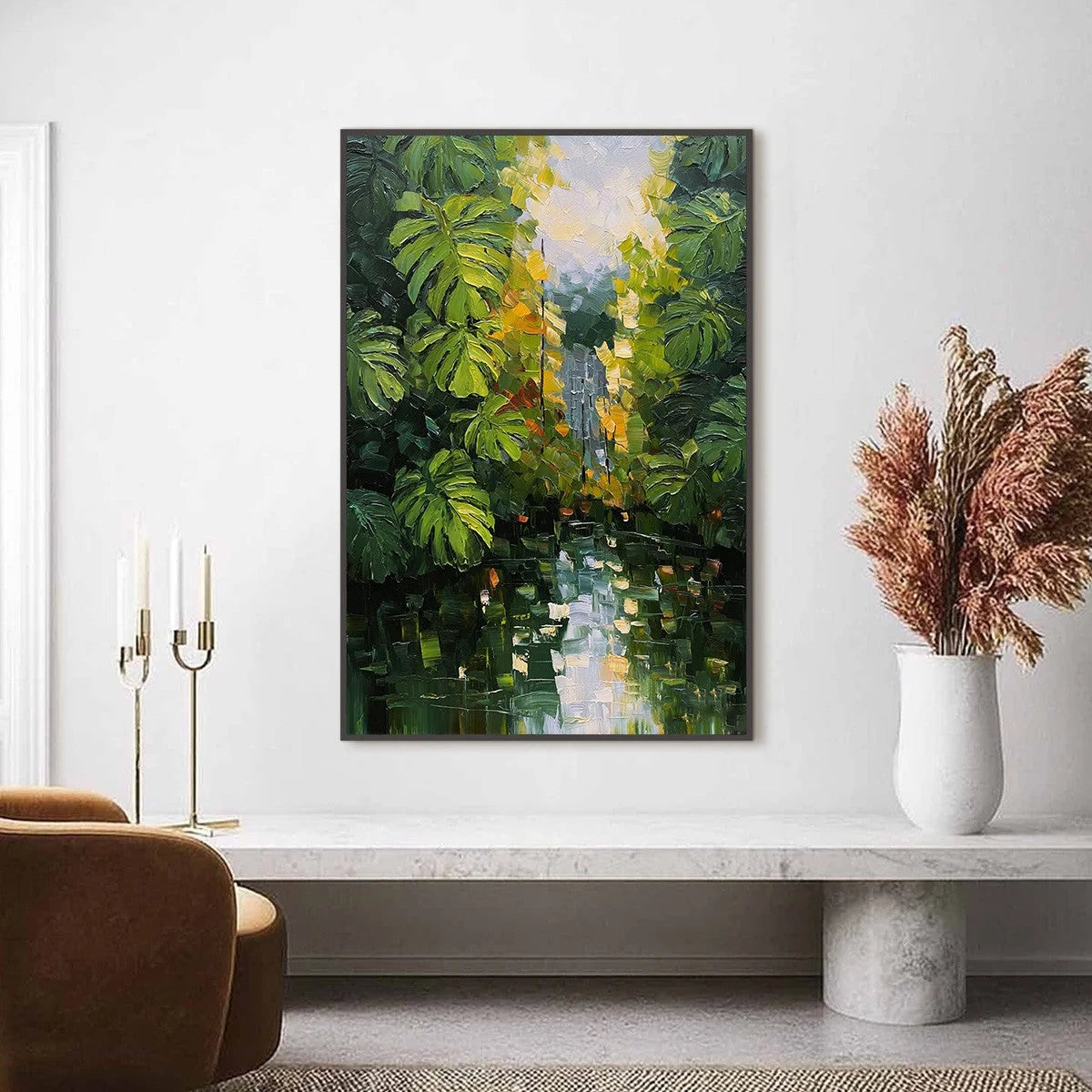 VERDANT SANCTUARY: Textured Palette Knife Painting of a Lush Jungle Oasis | Abstract closeup, raised brushwork detail