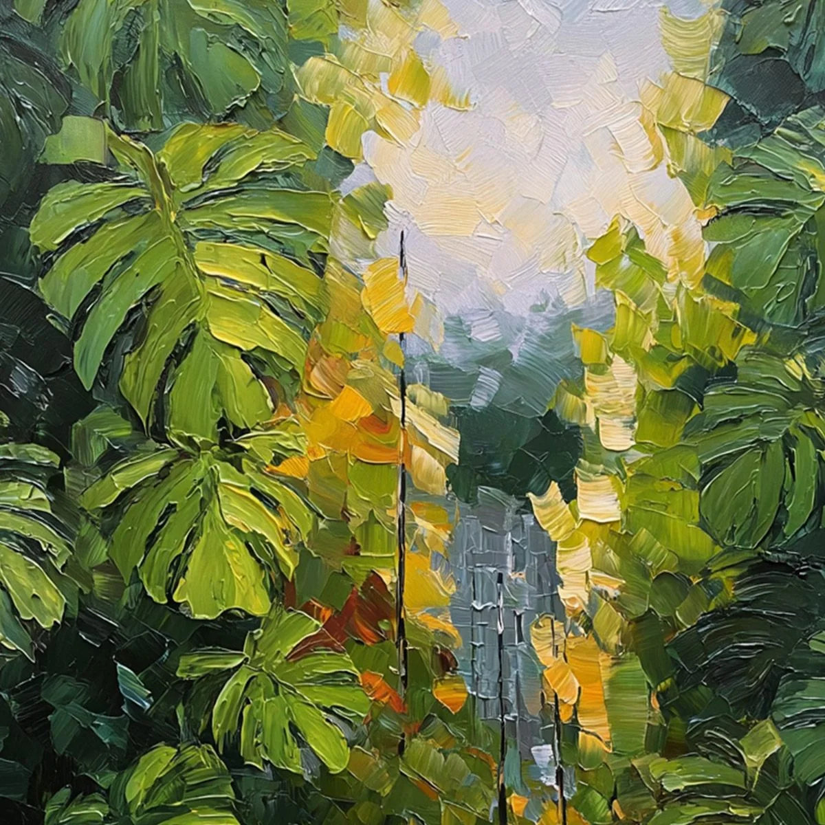VERDANT SANCTUARY: Textured Palette Knife Painting of a Lush Jungle Oasis | rectangular format, hand-painted canvas edge