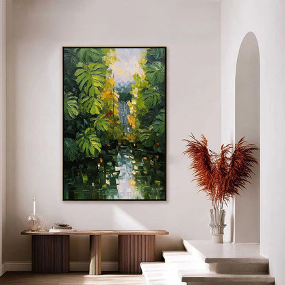 VERDANT SANCTUARY: Textured Palette Knife Painting of a Lush Jungle Oasis | gold frame stretched on neutral wall