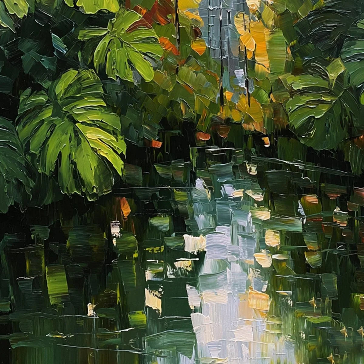 VERDANT SANCTUARY: Textured Palette Knife Painting of a Lush Jungle Oasis | rolled canvas, ready for custom framing