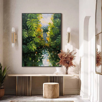 VERDANT SANCTUARY: Textured Palette Knife Painting of a Lush Jungle Oasis | black frame version on white wall