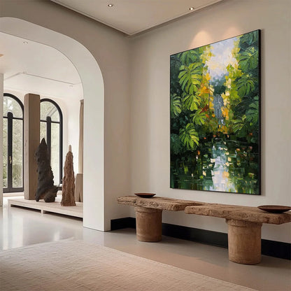 VERDANT SANCTUARY: Textured Palette Knife Painting of a Lush Jungle Oasis | Abstract mood, soft natural light studio shot