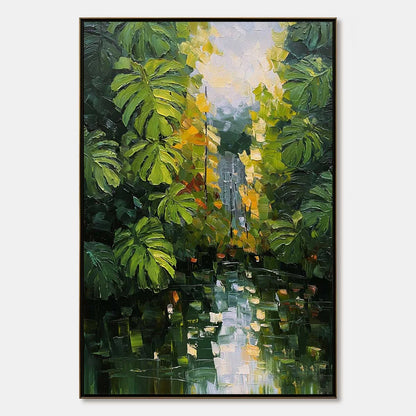 VERDANT SANCTUARY: Textured Palette Knife Painting of a Lush Jungle Oasis | hanging in living room, Abstract wall art