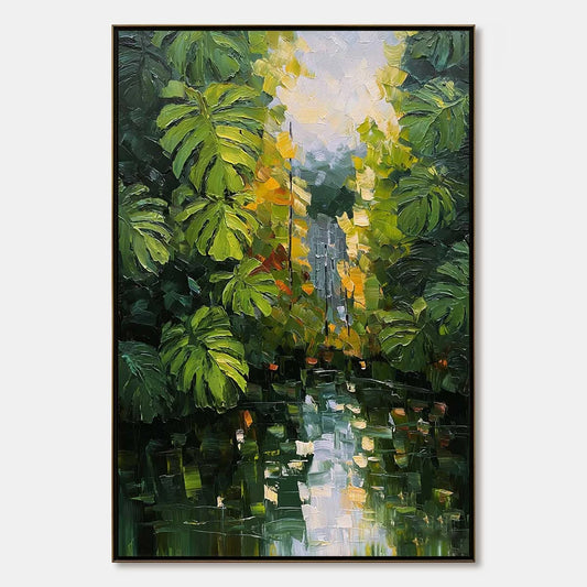 VERDANT SANCTUARY: Textured Palette Knife Painting of a Lush Jungle Oasis | hanging in living room, Abstract wall art