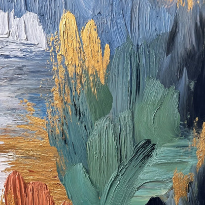Verdant Shore | Textured Abstract Oil Painting with Gold Leaf | rectangular format, hand-painted canvas edge