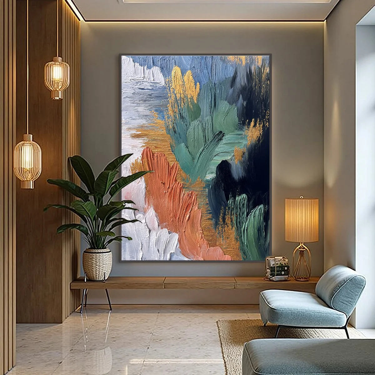 Verdant Shore | Textured Abstract Oil Painting with Gold Leaf | gold frame stretched on neutral wall