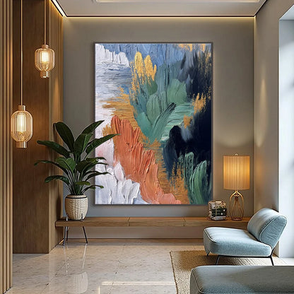 Verdant Shore | Textured Abstract Oil Painting with Gold Leaf | gold frame stretched on neutral wall