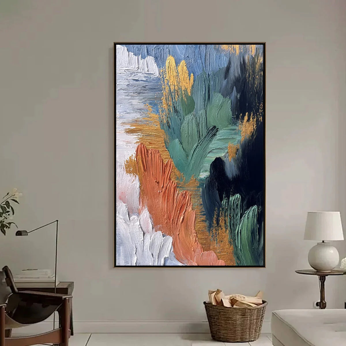 Verdant Shore | Textured Abstract Oil Painting with Gold Leaf | black frame version on white wall