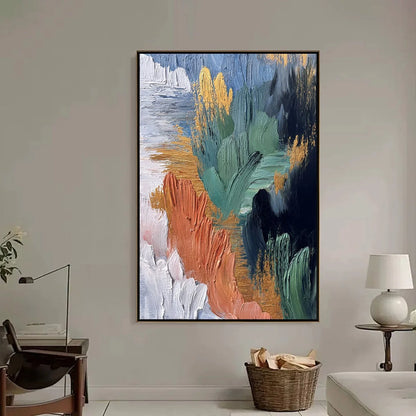 Verdant Shore | Textured Abstract Oil Painting with Gold Leaf | black frame version on white wall