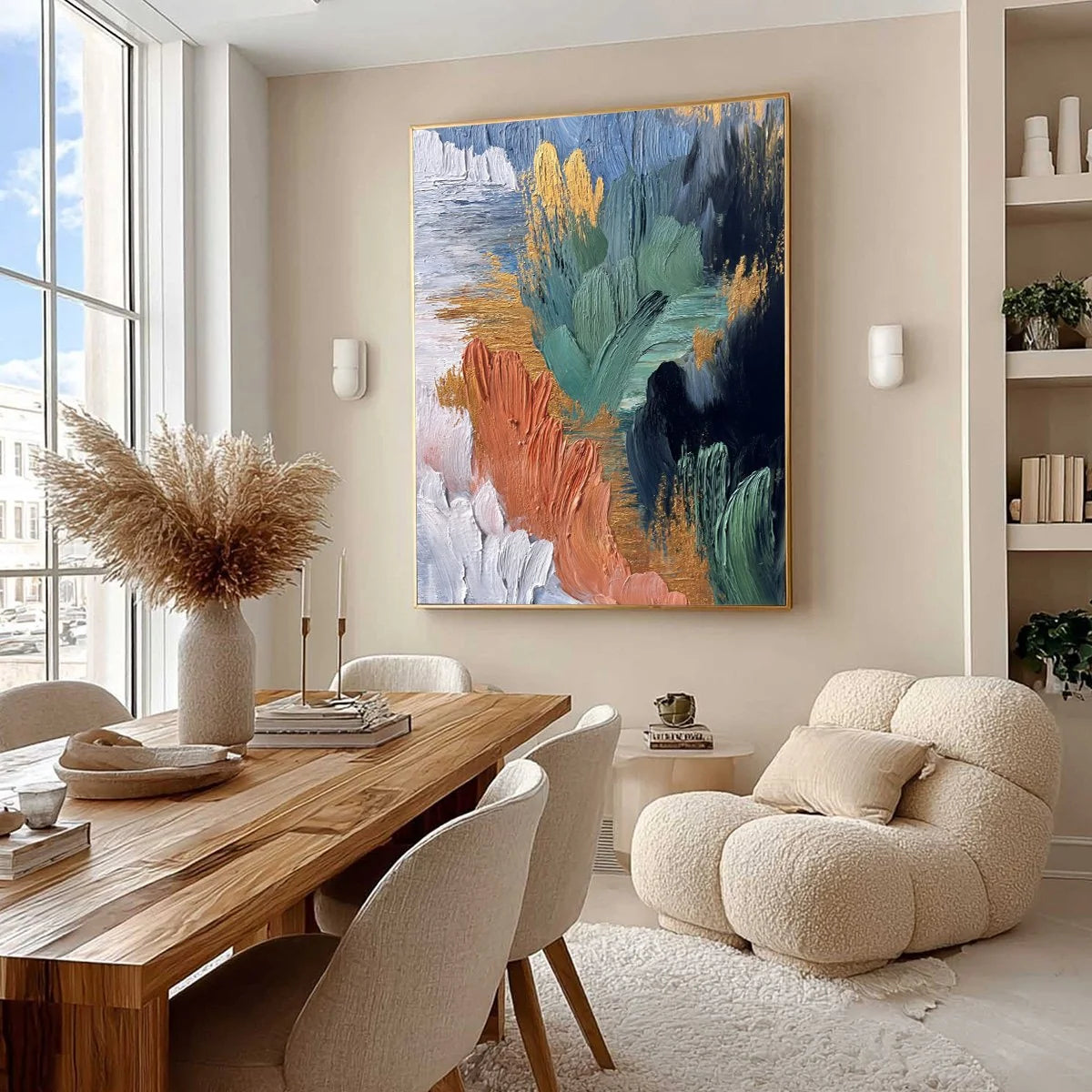 Verdant Shore | Textured Abstract Oil Painting with Gold Leaf | Abstract mood, soft natural light studio shot
