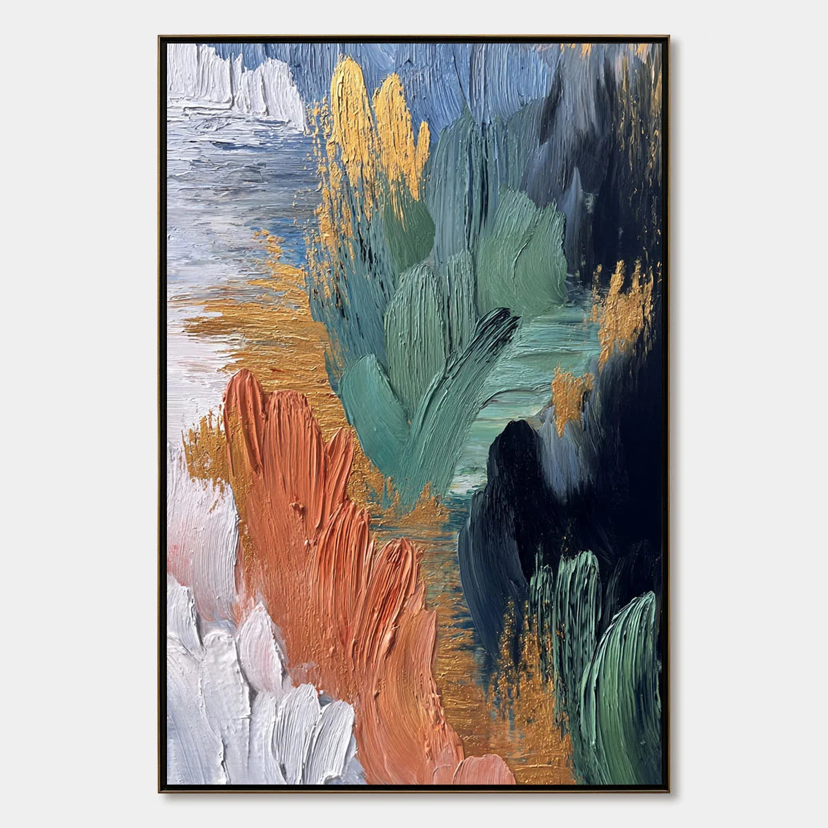 Verdant Shore | Textured Abstract Oil Painting with Gold Leaf | hanging in living room, Abstract wall art