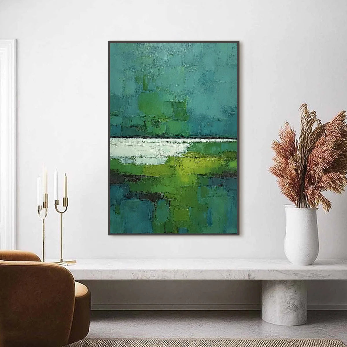 VERDANT SHORE: Textured Green and Teal Abstract Landscape Painting | Abstract closeup, raised brushwork detail
