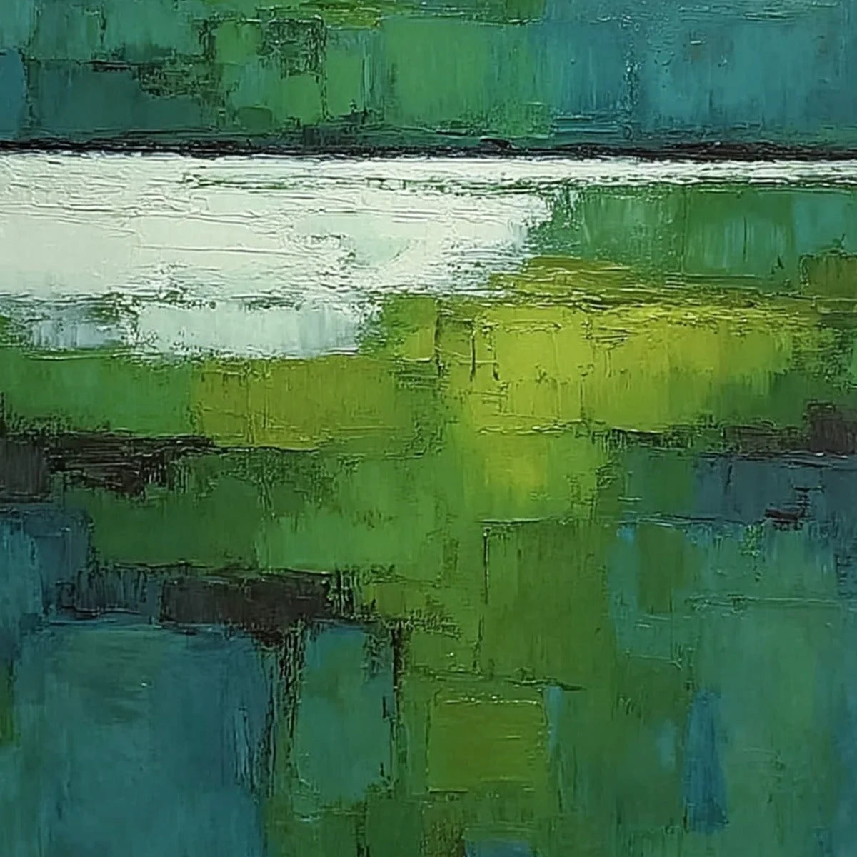 VERDANT SHORE: Textured Green and Teal Abstract Landscape Painting | rectangular format, hand-painted canvas edge