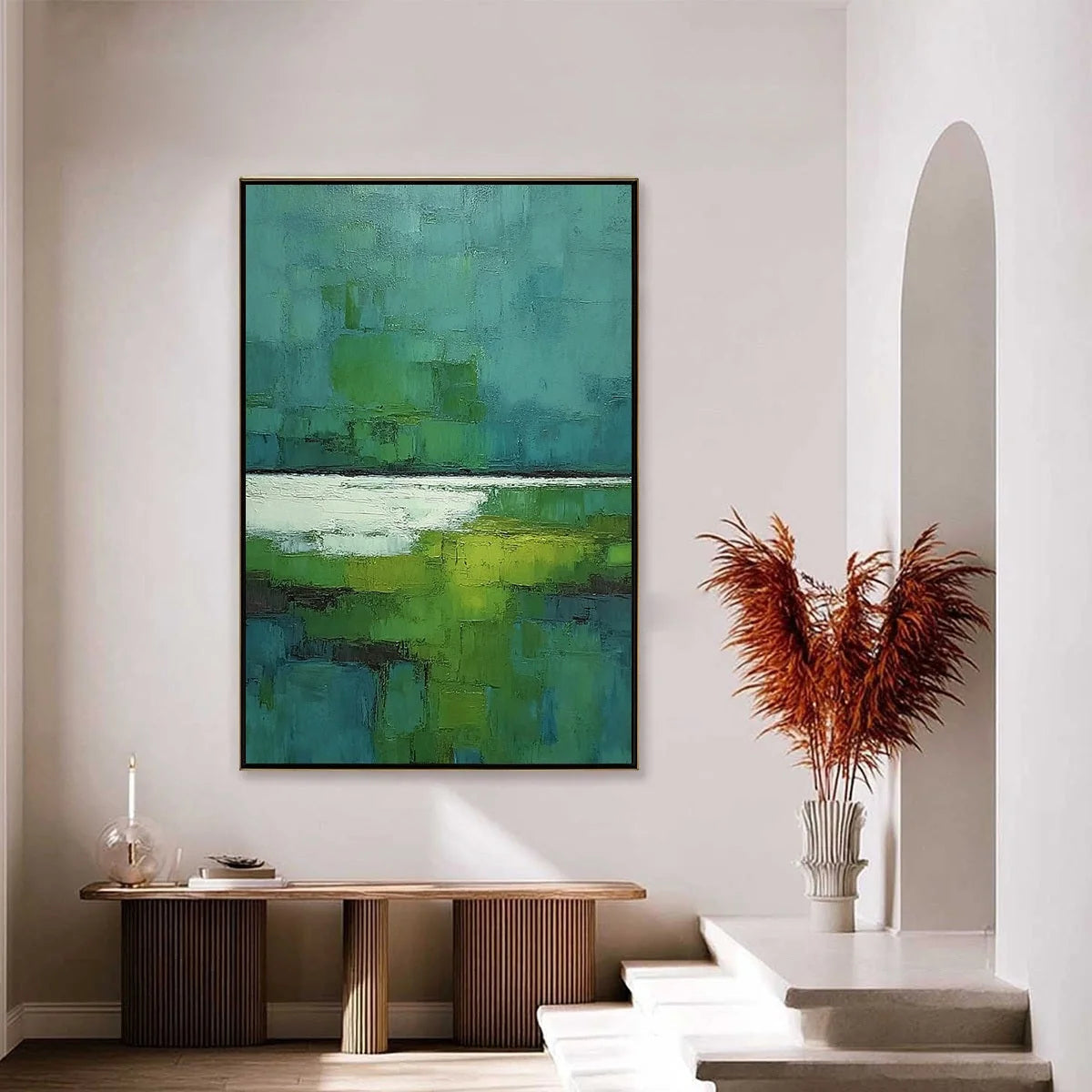 VERDANT SHORE: Textured Green and Teal Abstract Landscape Painting | gold frame stretched on neutral wall