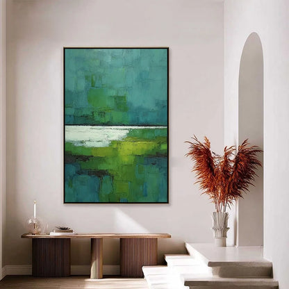 VERDANT SHORE: Textured Green and Teal Abstract Landscape Painting | gold frame stretched on neutral wall