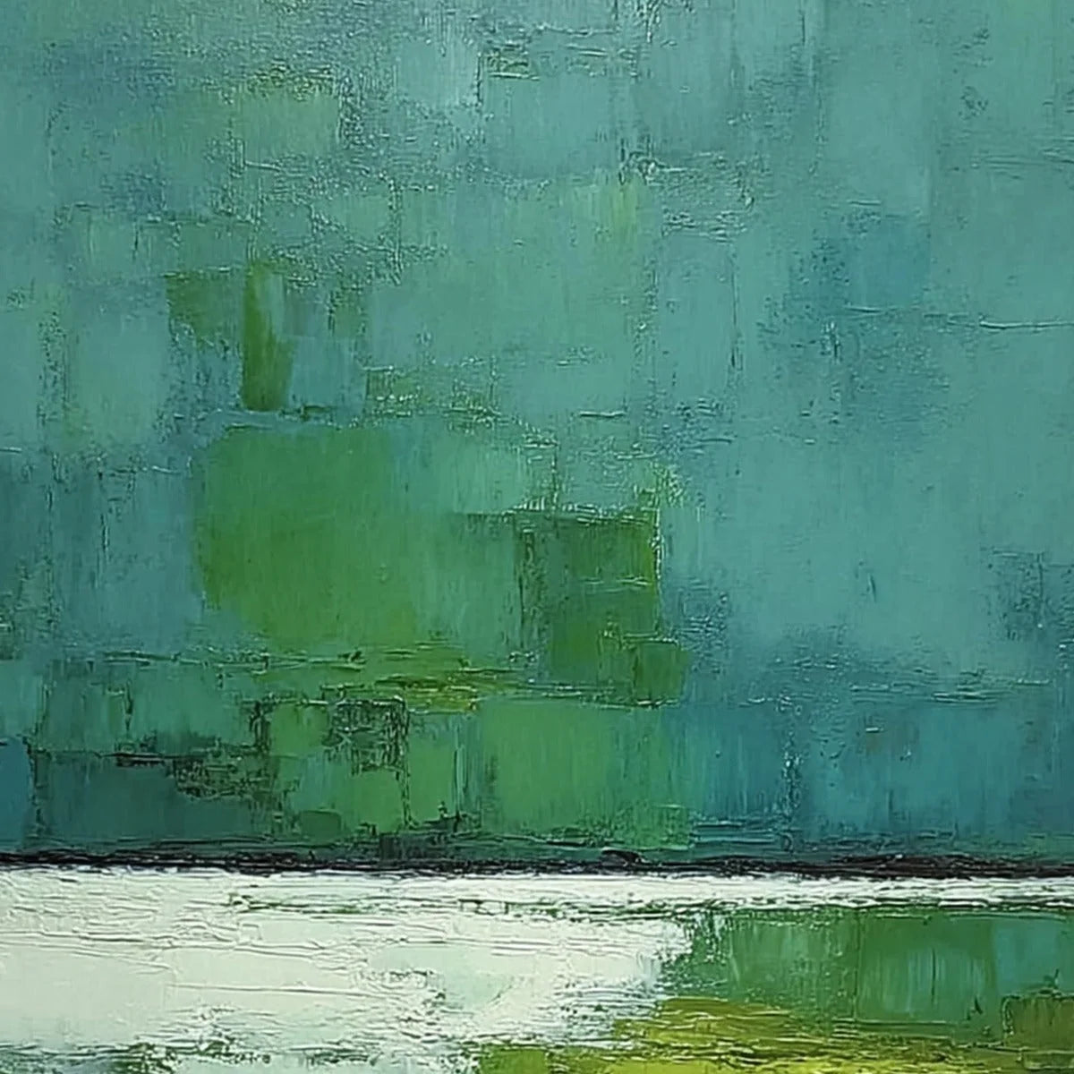 VERDANT SHORE: Textured Green and Teal Abstract Landscape Painting | rolled canvas, ready for custom framing