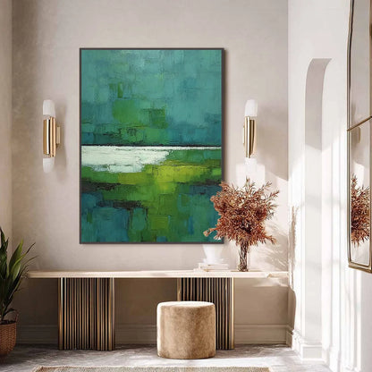 VERDANT SHORE: Textured Green and Teal Abstract Landscape Painting | black frame version on white wall