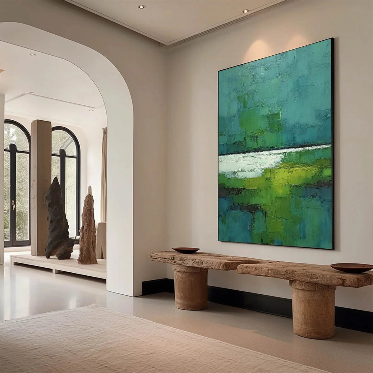 VERDANT SHORE: Textured Green and Teal Abstract Landscape Painting | Abstract mood, soft natural light studio shot