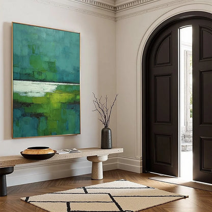 VERDANT SHORE: Textured Green and Teal Abstract Landscape Painting | green palette, original oil on stretched canvas art
