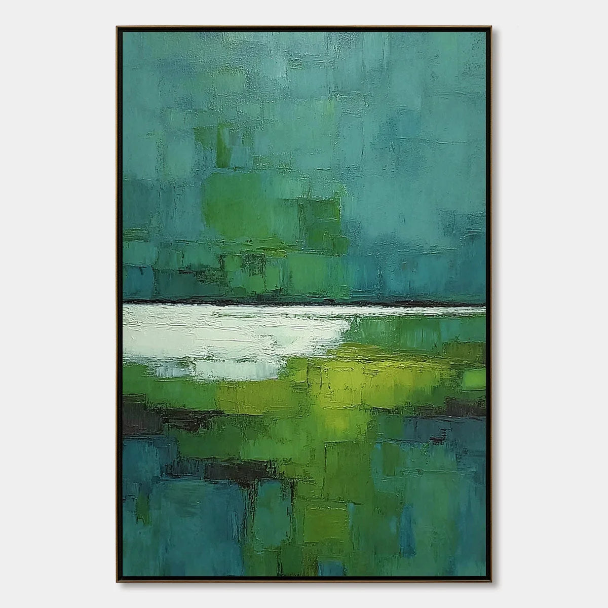 VERDANT SHORE: Textured Green and Teal Abstract Landscape Painting | hanging in living room, Abstract wall art
