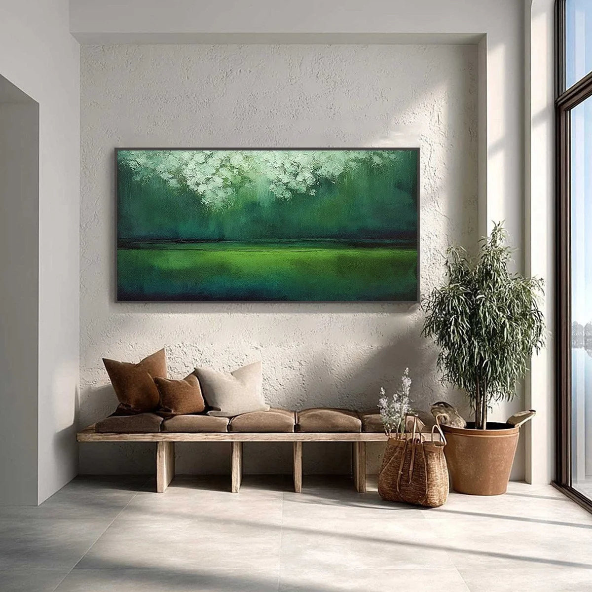 VERDANT STILLNESS: Large Green Abstract Landscape Texture Painting | Abstract closeup, raised brushwork detail