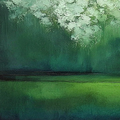 VERDANT STILLNESS: Large Green Abstract Landscape Texture Painting | rectangular format, hand-painted canvas edge