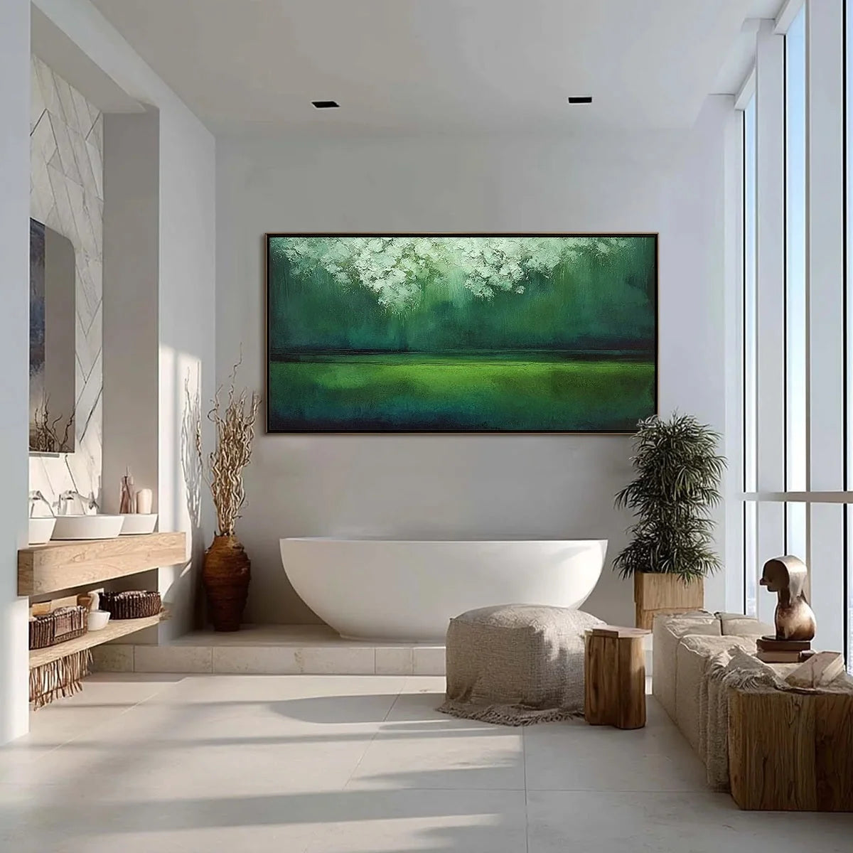 VERDANT STILLNESS: Large Green Abstract Landscape Texture Painting | gold frame stretched on neutral wall
