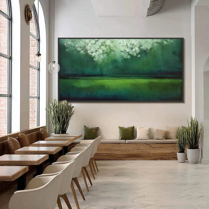 VERDANT STILLNESS: Large Green Abstract Landscape Texture Painting | black frame version on white wall
