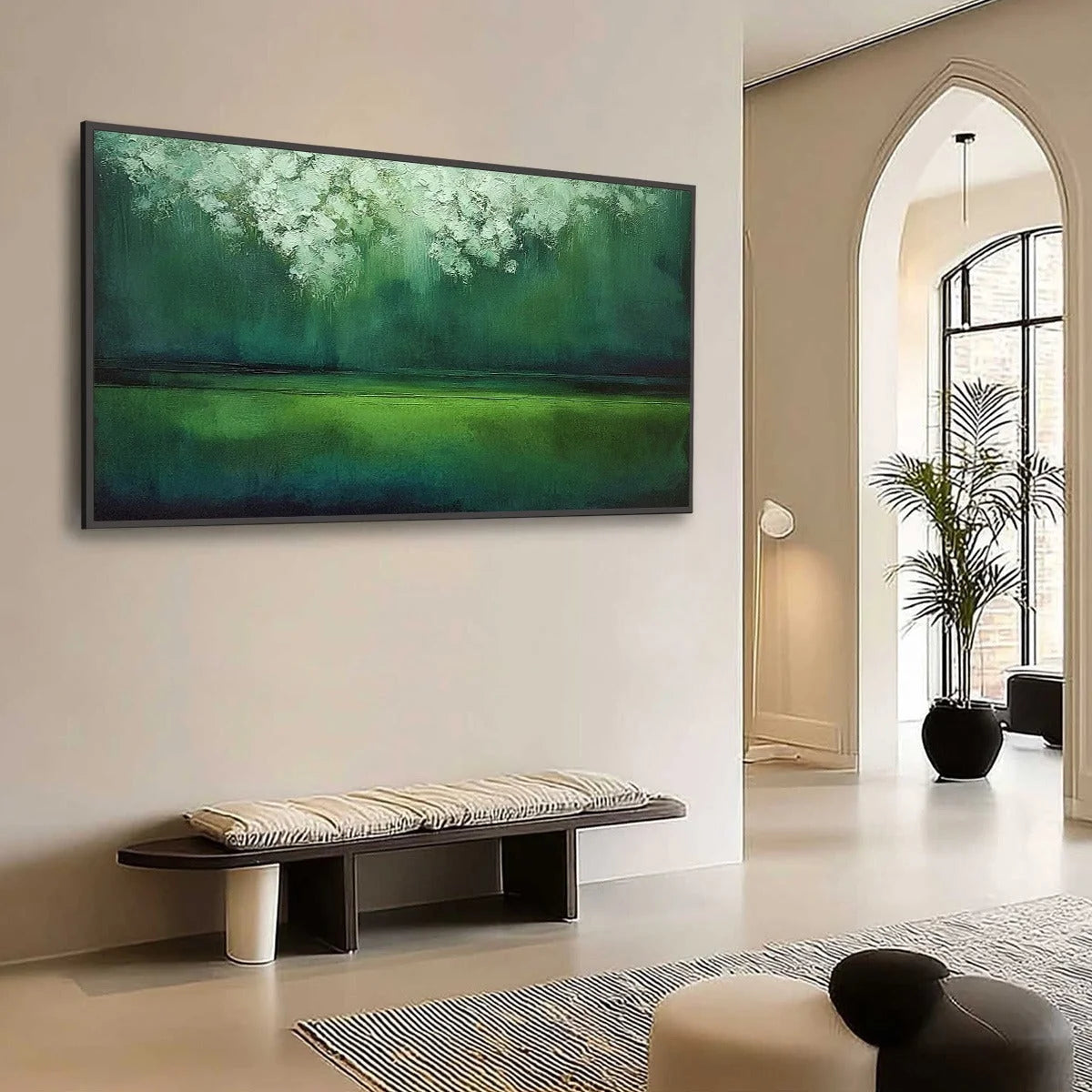 VERDANT STILLNESS: Large Green Abstract Landscape Texture Painting | Abstract mood, soft natural light studio shot