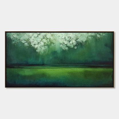 VERDANT STILLNESS: Large Green Abstract Landscape Texture Painting | hanging in living room, Abstract wall art