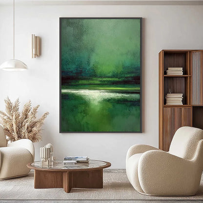 VERDANT STILLNESS: Textured Green Abstract Landscape Oil Painting | Abstract closeup, raised brushwork detail