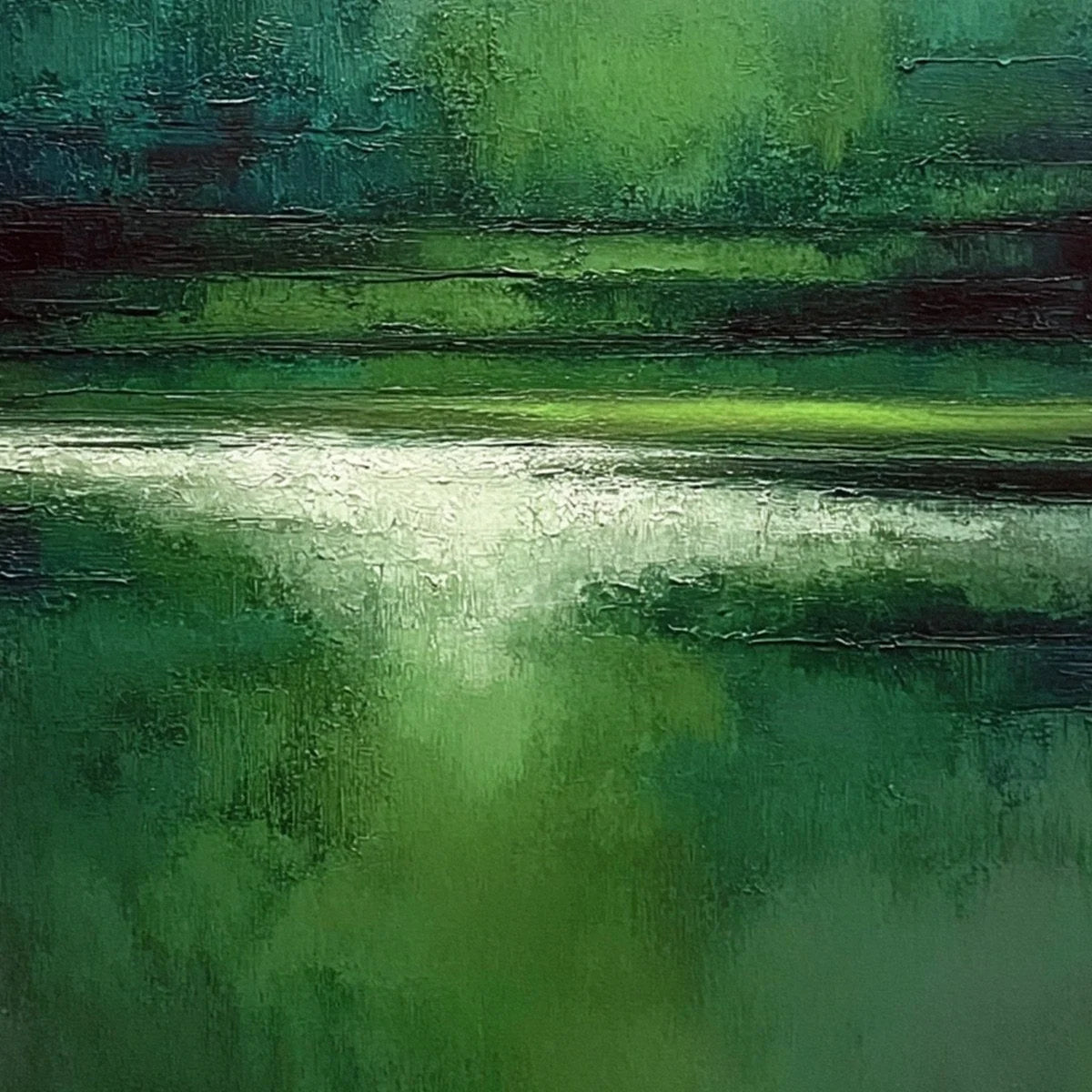 VERDANT STILLNESS: Textured Green Abstract Landscape Oil Painting | rectangular format, hand-painted canvas edge