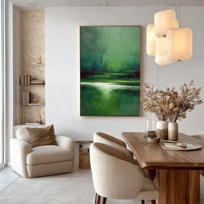VERDANT STILLNESS: Textured Green Abstract Landscape Oil Painting | gold frame stretched on neutral wall