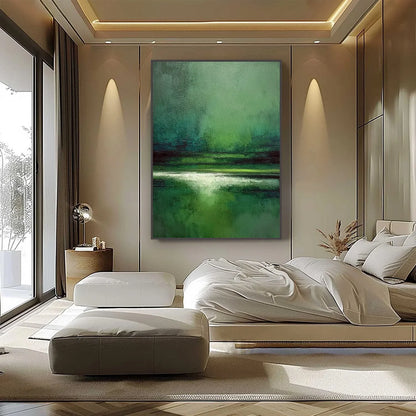 VERDANT STILLNESS: Textured Green Abstract Landscape Oil Painting | black frame version on white wall