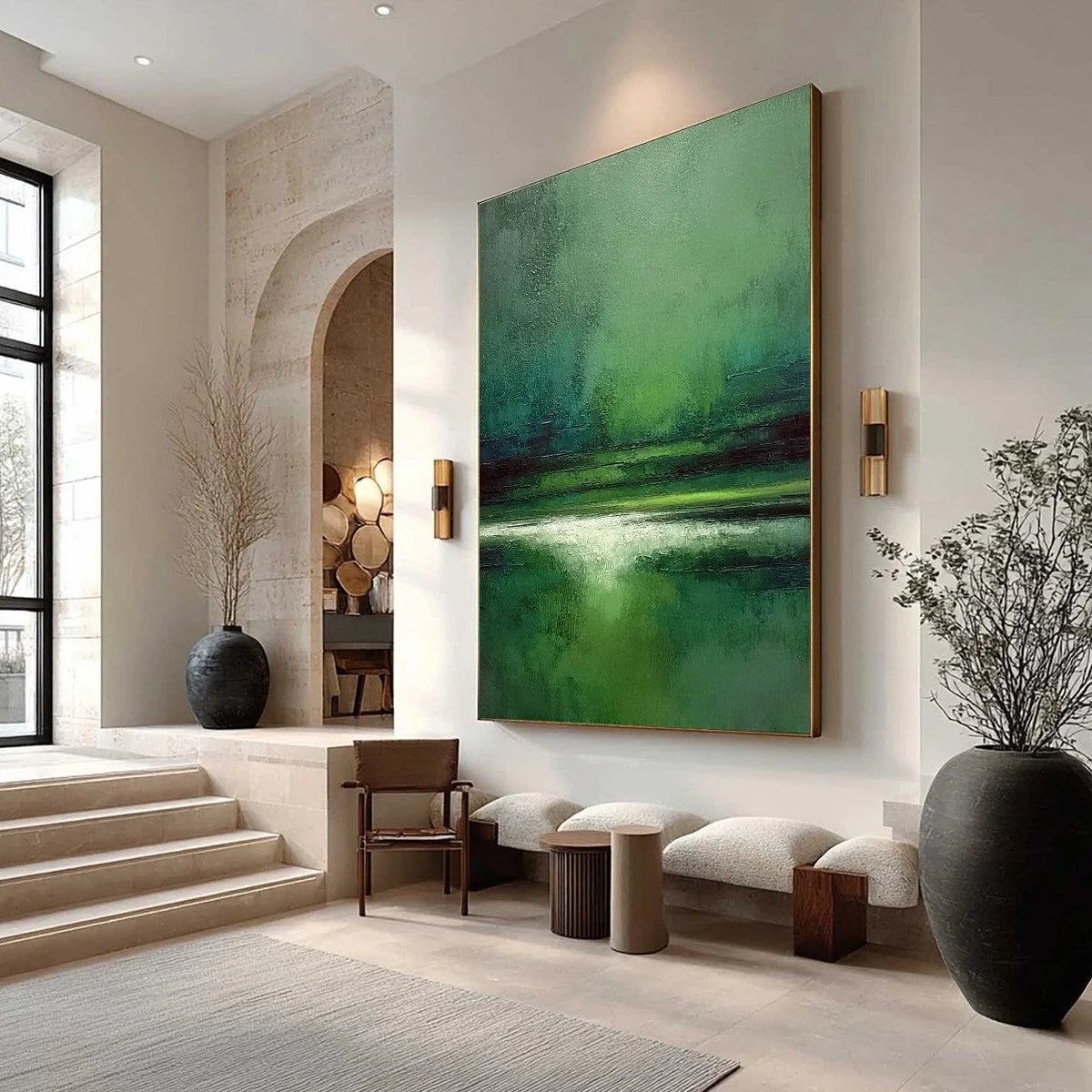 VERDANT STILLNESS: Textured Green Abstract Landscape Oil Painting | Abstract mood, soft natural light studio shot