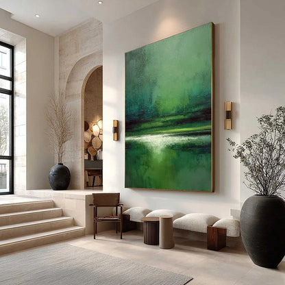 VERDANT STILLNESS: Textured Green Abstract Landscape Oil Painting | Abstract mood, soft natural light studio shot