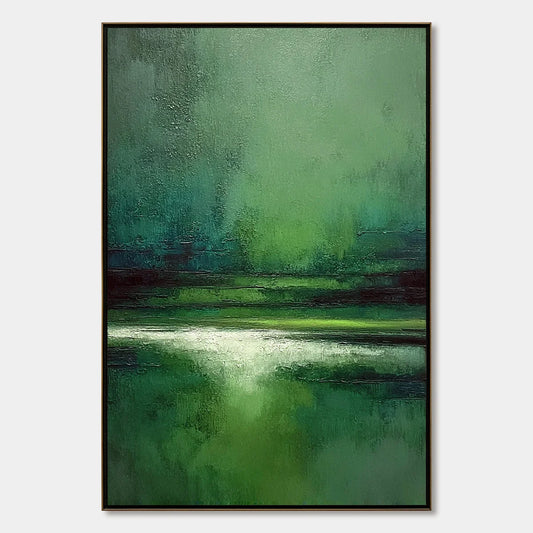 VERDANT STILLNESS: Textured Green Abstract Landscape Oil Painting | hanging in living room, Abstract wall art