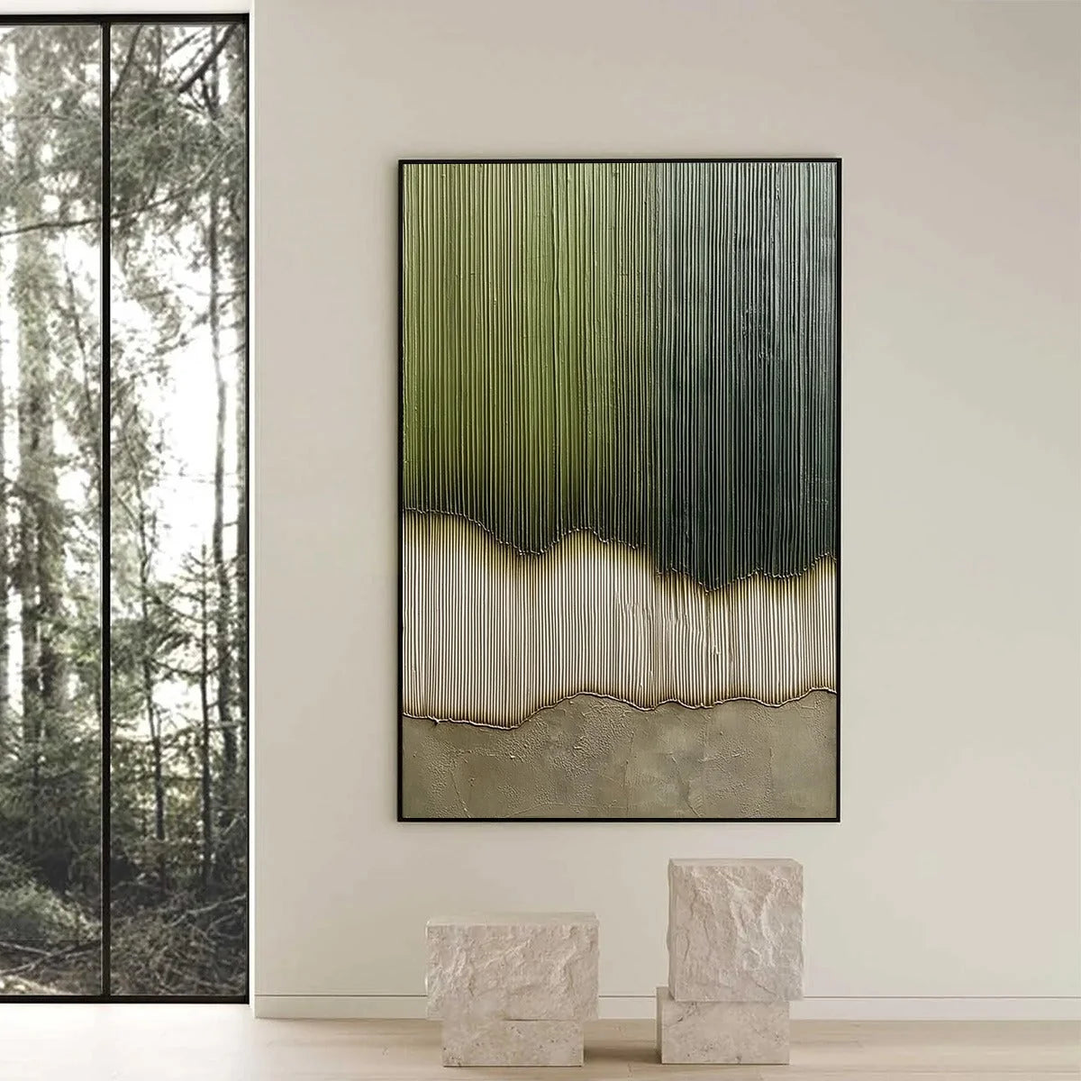 VERDANT STRATA: Textured Wabi Sabi Abstract Earth Painting | black frame version on white wall